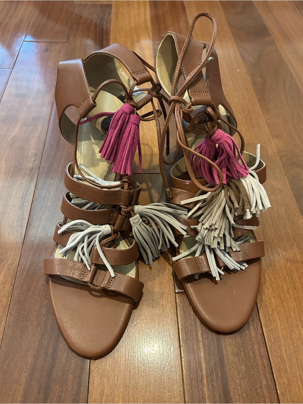 Marc Fisher Brown Leather Tassel Lace-Up Sandals with Pink and Cream Accents 9.5